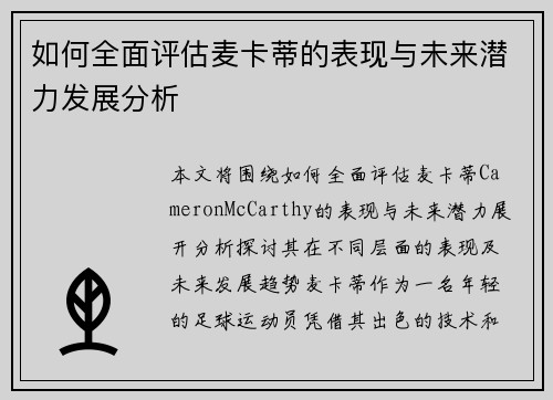 如何全面评估麦卡蒂的表现与未来潜力发展分析